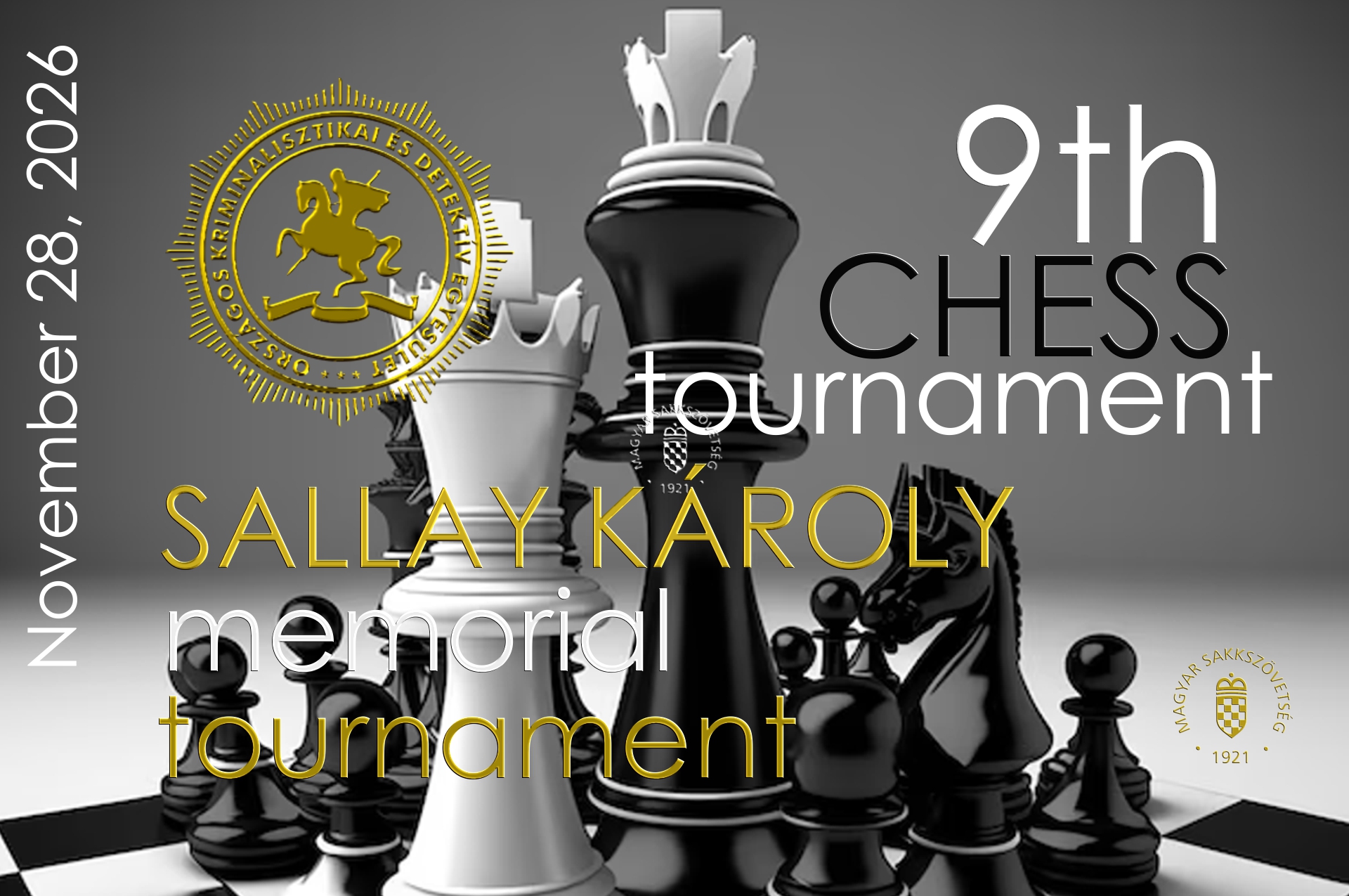 Sakkfigurák és király, középen korona, feliratokkal: 9th Chess Tournament, Sallay Károly memorial, 1921.